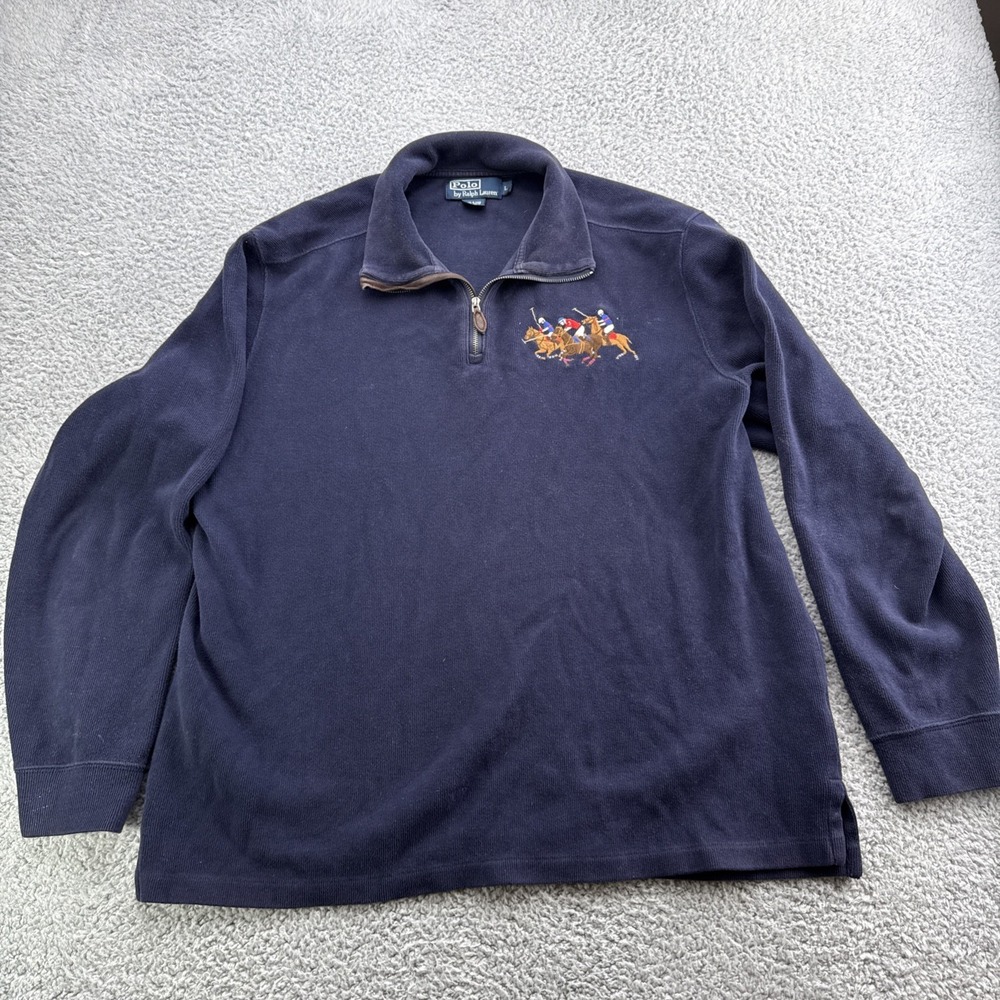 Polo Ralph Lauren Quarter Zip Mens L Navy Triple Pony Ribbed Cotton Sweater